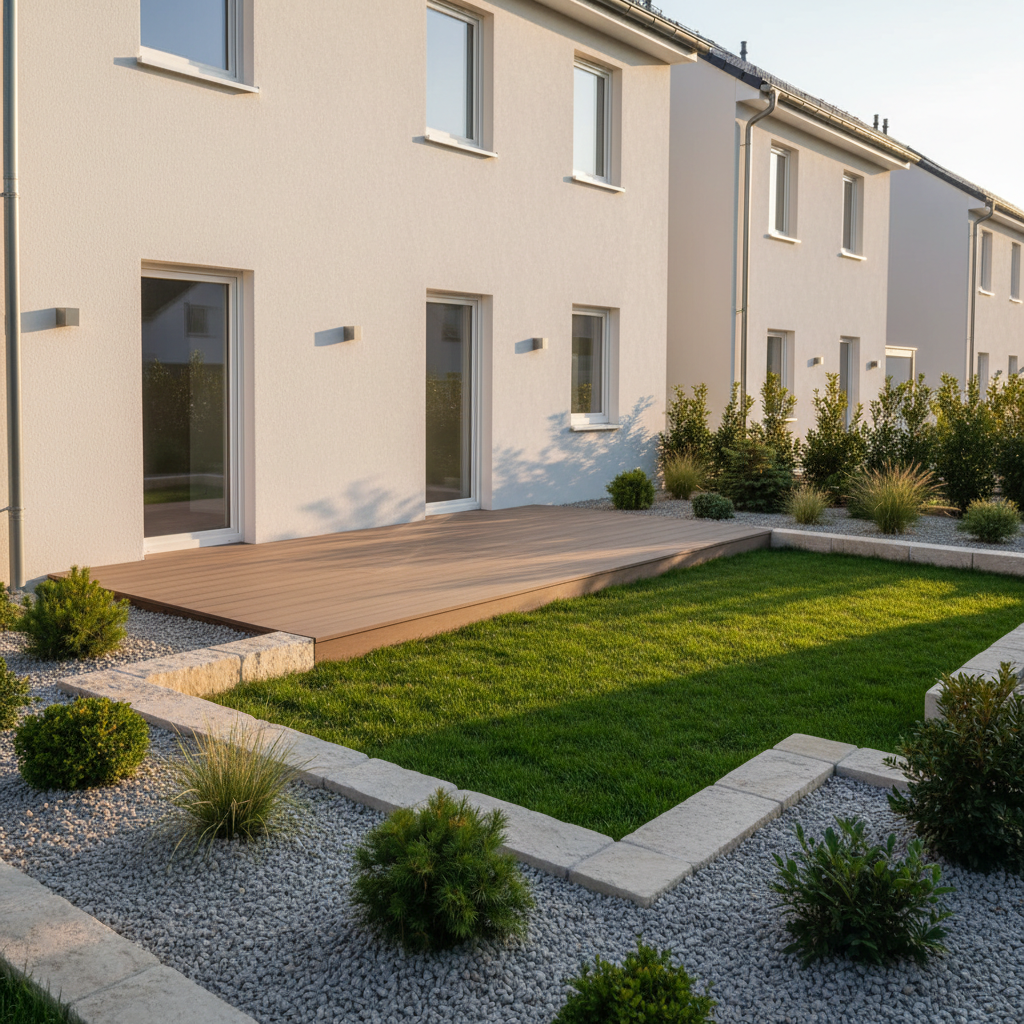 A meticulously landscaped townhouse garden adjoining a freshly repainted façade in a soft off-white tone with smooth plaster and crisp, straight edges. The garden features a new composite wood deck in a warm brown-grey tone, a narrow strip of lush, evenly cut lawn, and geometric planting beds edged with light stone, filled with low-maintenance evergreens and decorative gravel. Subtle exterior wall lights are installed along the façade, their brushed steel fixtures aligned with mathematical precision. Soft golden hour sunlight bathes the scene, casting long, gentle shadows and giving depth to textures. Photographed from a slightly elevated angle toward the house, with sharp focus throughout, the photographic realism composition underlines the balance between building renovation and professional garden maintenance for residential properties.
