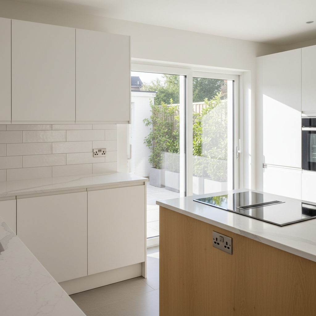 A renovated family kitchen featuring smooth, handleless matte white cabinets, a quartz countertop with subtle grey veining, and a backsplash of large-format, lightly textured white tiles with perfectly even grout lines. A central island in warm light oak offers additional workspace, with built-in induction cooktop and discreet integrated sockets. The kitchen opens onto a small landscaped terrace through sliding glass doors, where well-maintained planters and a clean stone pathway are visible. Natural morning light pours in, creating soft highlights on the countertop and a gentle glow on the cabinetry. Shot at counter height with slight depth of field to keep the whole room in focus, the photographic style is clean and modern, emphasizing craftsmanship, functionality, and the link between indoor renovation and outdoor enhancement.