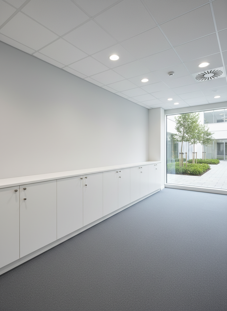 A bright, meticulously renovated office space with freshly painted light grey walls and a flawless suspended ceiling with integrated LED panel lights. The floor is covered with new slate-colored commercial carpet tiles, precisely aligned without visible seams. Along the wall, custom-built white storage cabinets with brushed aluminum handles showcase impeccable joinery and soft-close doors. At the far end, a large window reveals a tidy exterior courtyard with pavers and greenery. Uniform, cool white artificial lighting combines with diffused daylight to create a professional, efficient ambiance. Captured from a slightly elevated, wide-angle perspective in photographic realism, the image highlights the harmony between interior renovation and outdoor maintenance, conveying reliability and high-end service for professional clients.