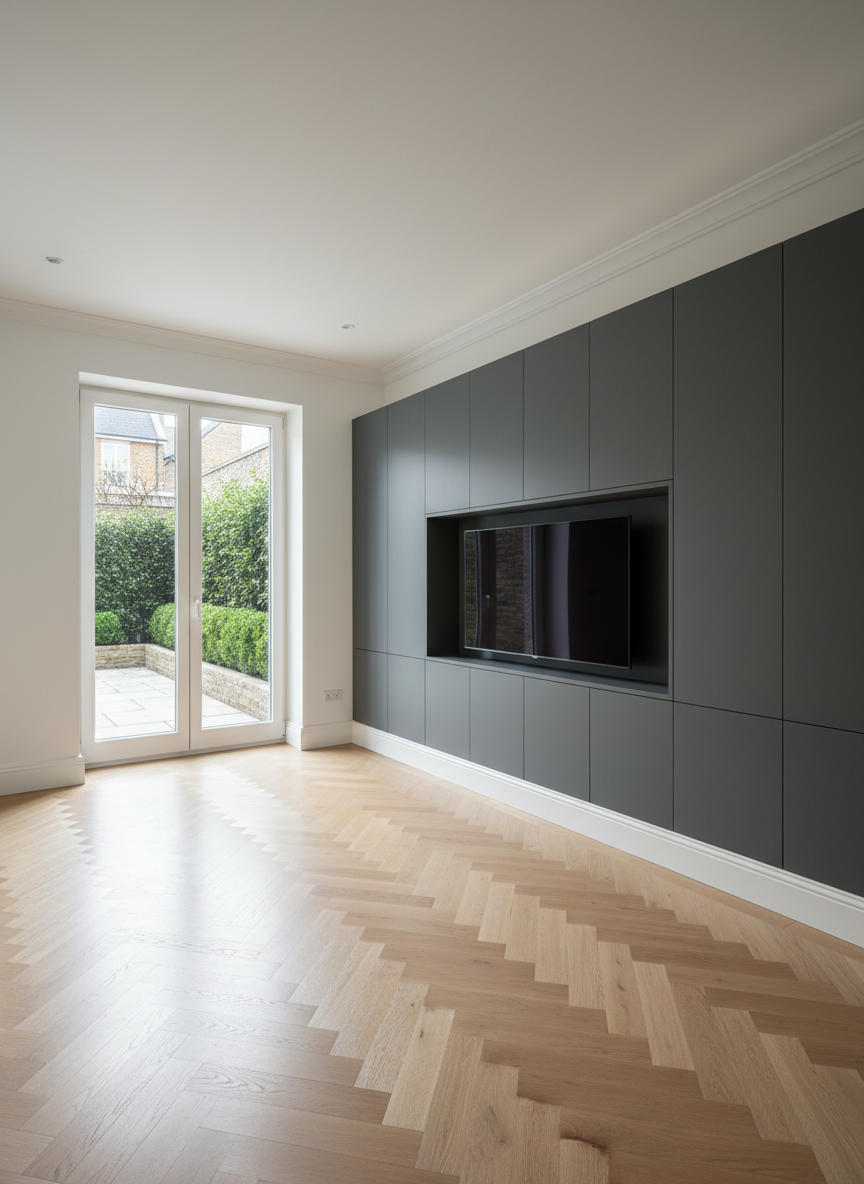 A freshly renovated contemporary living room interior with smooth white walls, perfectly aligned crown moldings, and a newly installed light oak parquet floor with a satin finish. A built‑in wall unit in matte charcoal grey discreetly integrates storage and a recessed niche for a television. At the back, a large double-glazed French window opens to a small, manicured garden with trimmed shrubs and a stone terrace. Soft afternoon natural light floods the room, creating gentle reflections on the floor and subtle shadows along baseboards. Photographed at eye level with sharp focus and a clean, modern, photographic realism style, the composition emphasizes neatness, quality workmanship, and a professional renovation atmosphere suitable for both private homes and business spaces.