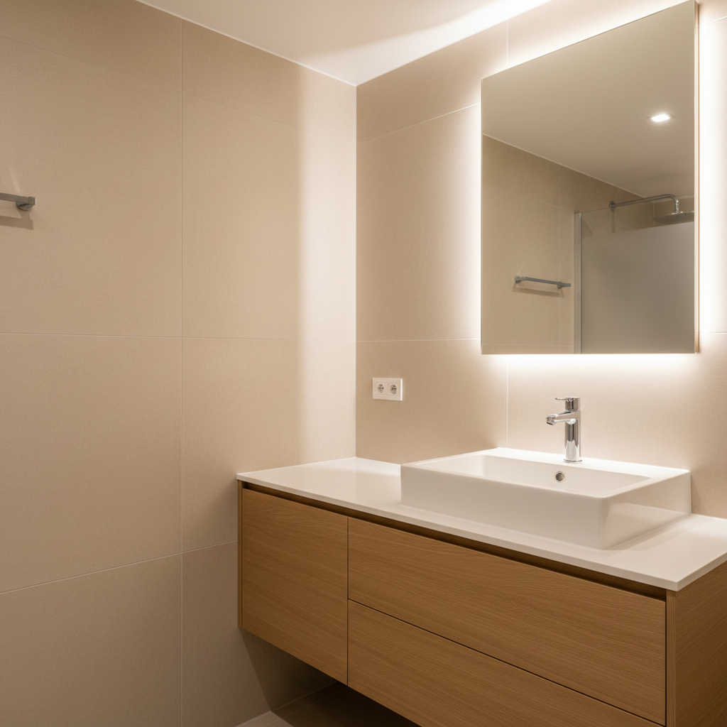 A detailed close-up of a renovated bathroom corner showing a perfect junction of large matte porcelain tiles in a warm light beige, flawlessly aligned with minimal grout, meeting a seamless white ceiling with a clean silicone joint. A custom-built, wall-hung vanity in natural oak veneer with a satin varnish supports a rectangular white ceramic basin with crisp edges. A slim, chrome mixer tap rises from the countertop, its polished surface reflecting the soft, diffused LED lighting hidden behind a mirror. The mood is calm and hygienic, with a professional, high-end feel. Captured with a slightly oblique angle and shallow depth of field that keeps main surfaces sharp while gently blurring the background, the photographic style showcases precision details typical of expert renovation work.