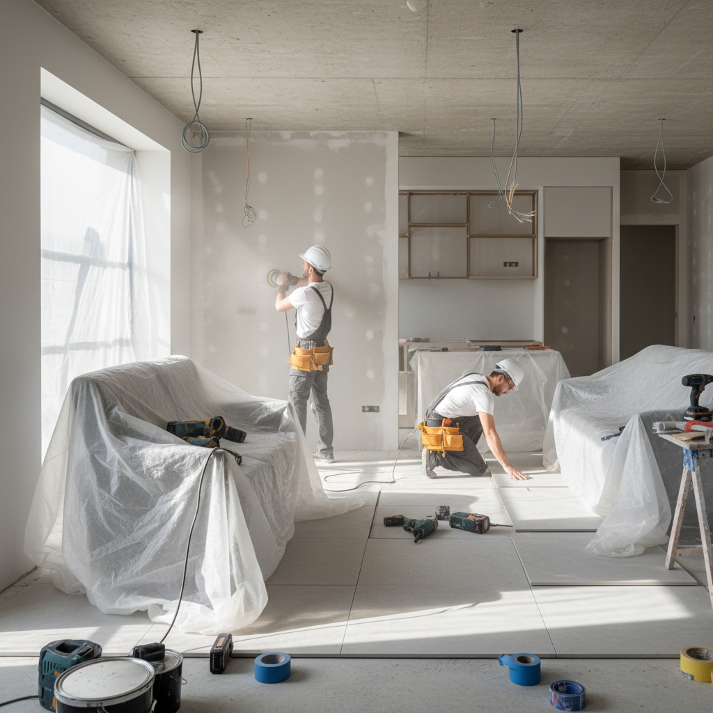 Photo réaliste d’un chantier de rénovation intérieur en cours, avec artisans au travail, outils et bâches de protection, ambiance professionnelle et lumineuse, style moderne, cadrage rapproché.