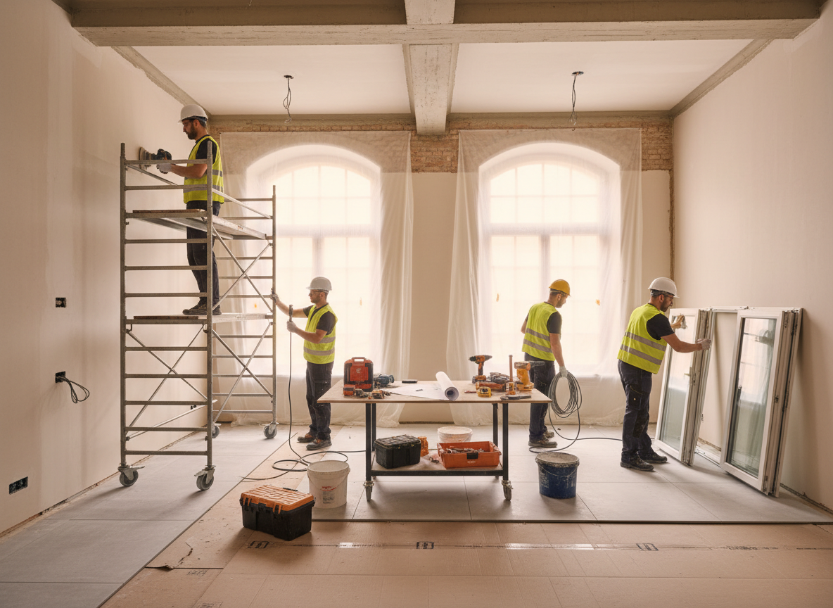 Professional interior renovation site: clean and organized construction site with workers in safety gear and hard hats, protective plastic sheeting, professional tools, scaffolding, freshly prepared walls and flooring, natural lighting, realistic construction atmosphere, modern European interior renovation setting