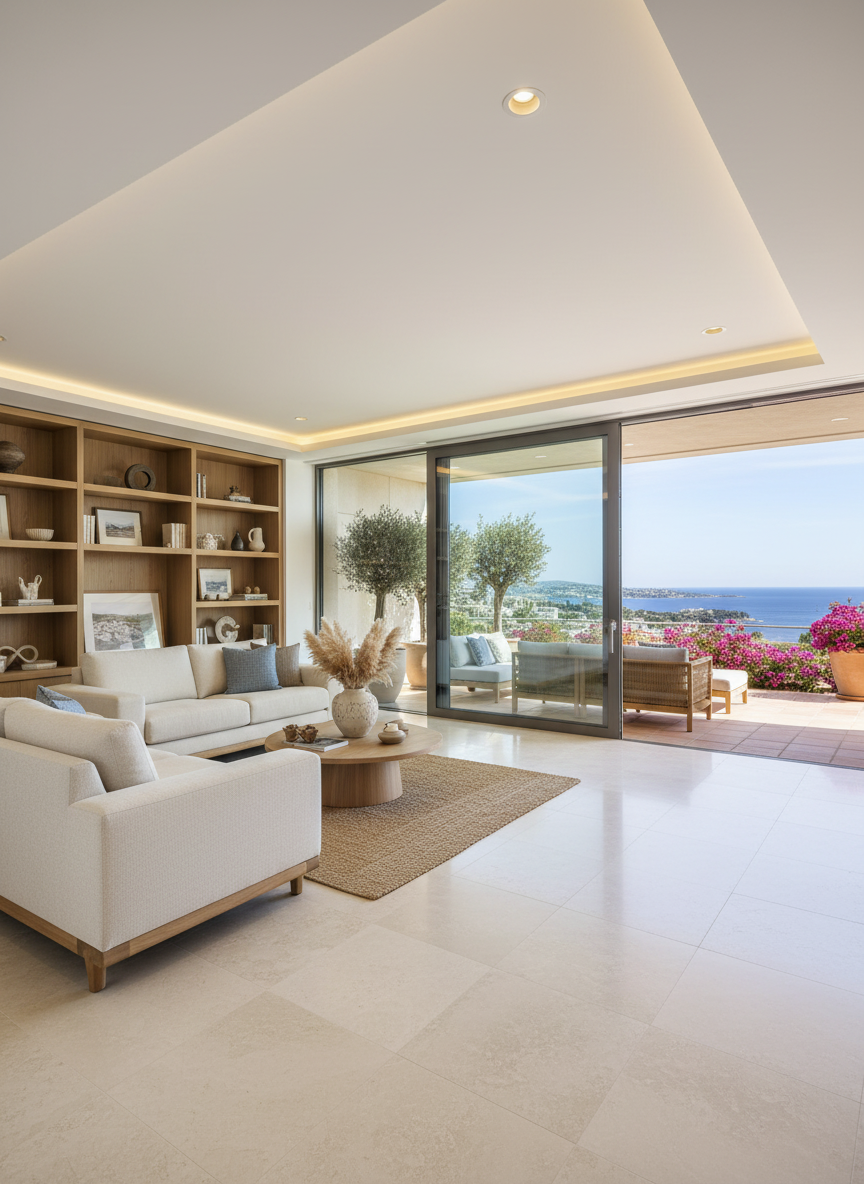 Intérieur d'un bel appartement moderne et lumineux donnant sur une terrasse avec vue sur la mer, style méditerranéen haut de gamme, idéal pour illustrer des travaux de rénovation intérieure. Grande baie vitrée, matériaux nobles, ambiance réaliste, photo professionnelle.