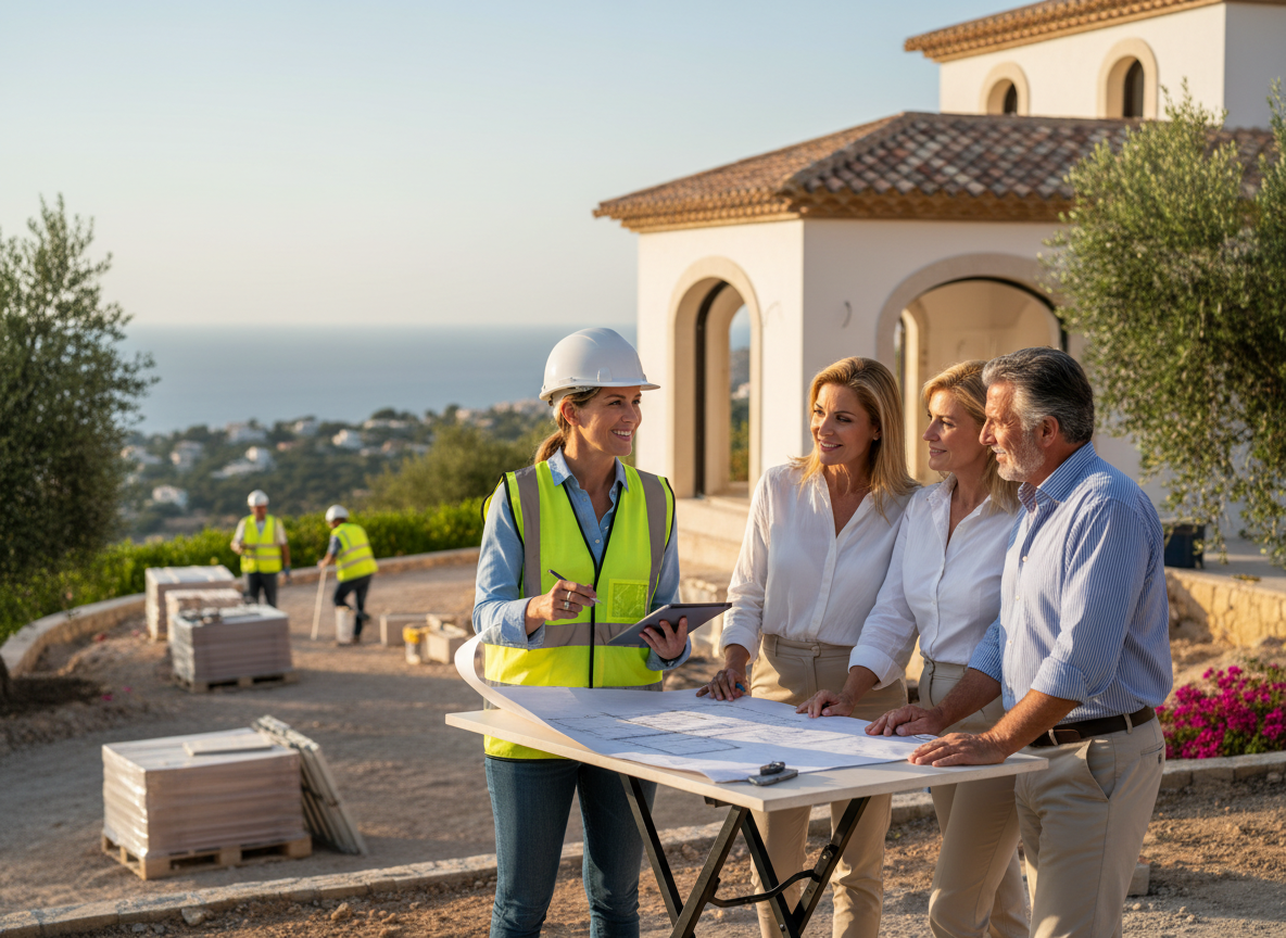 A professional project manager or advisor in safety vest meeting with clients on a renovation site in a Mediterranean setting. The advisor is reviewing plans or documents with homeowners, showing professionalism and trust. Warm natural light, realistic photographic style, high-end professional atmosphere, clean construction site in the background.
