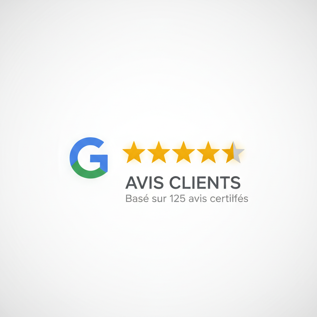 Logo de type "Avis Google" avec des étoiles de notation, style simple et professionnel, fond clair, pour illustrer des avis clients.